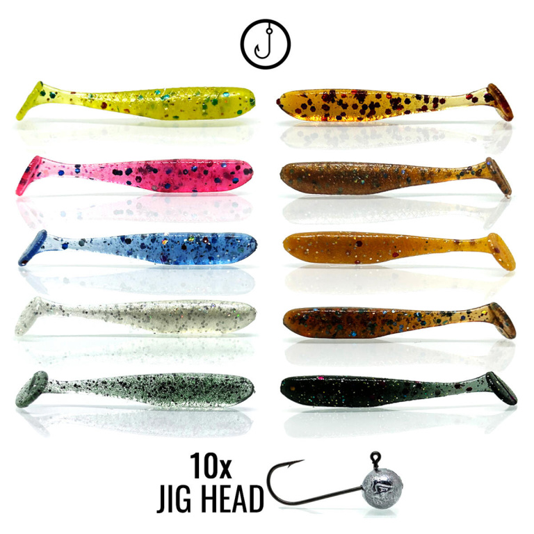 ZESTAW 50x RIPPER SHINER+ 4cm + 10x JIG HEAD H8 2-4g (1)